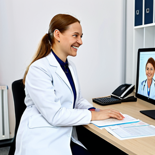 Home 9 Medical Coordinator at Work**
A professional medical coordinator, a woman in her 30s, wearing a modest business dress, smiling warmly while consulting with a Russian-speaking patient via video call in a bright, modern office. The office includes brochures for German clinics and a Russian flag subtly displayed. Perfect anatomy, correct proportions, well-formed hands, proper finger count, natural body proportions. Fully clothed, appropriate attire, safe for work, professional, modest, family-friendly.
**
