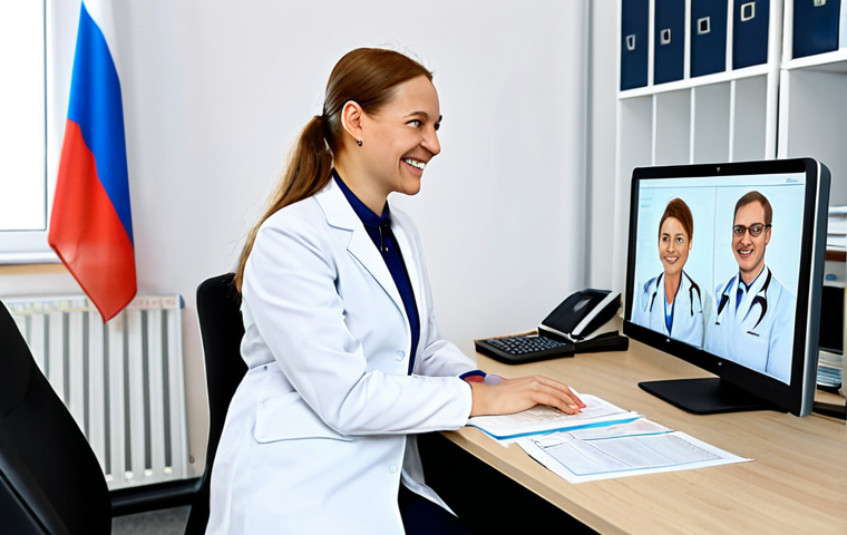 Medical Coordinator at Work**

A professional medical coordinator, a woman in her 30s, wearing a modest business dress, smiling warmly while consulting with a Russian-speaking patient via video call in a bright, modern office. The office includes brochures for German clinics and a Russian flag subtly displayed. Perfect anatomy, correct proportions, well-formed hands, proper finger count, natural body proportions. Fully clothed, appropriate attire, safe for work, professional, modest, family-friendly.

**