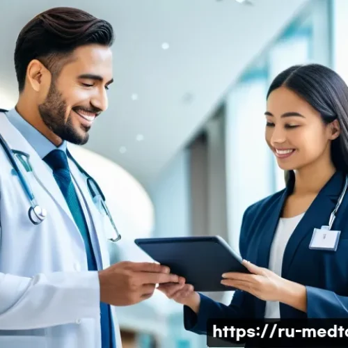 Home 27 의료관광코디네이터와 글로벌 의료 관광시장 전망 - A professional medical tourism coordinator assisting an international patient in a modern hospital l...