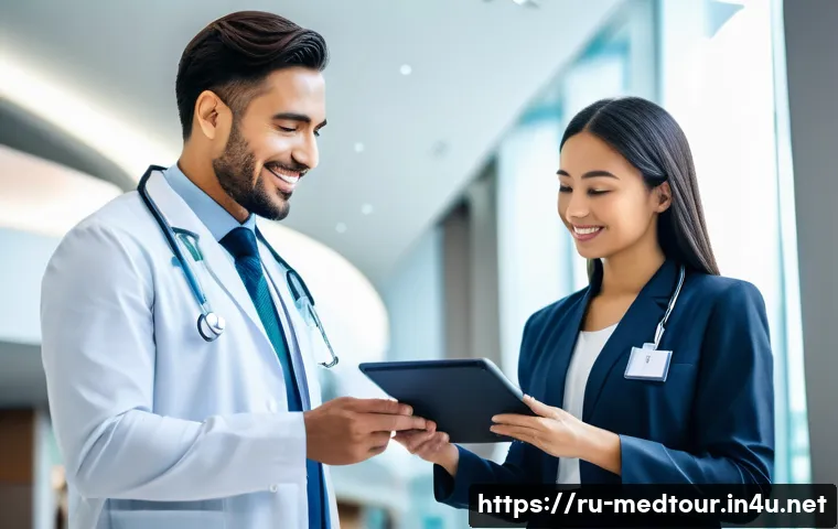의료관광코디네이터와 글로벌 의료 관광시장 전망 - A professional medical tourism coordinator assisting an international patient in a modern hospital l...