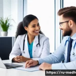 Home 14 의료관광코디네이터 초보자의 1년 기록 - A professional medical coordinator in a modern office setting, communicating attentively with intern...