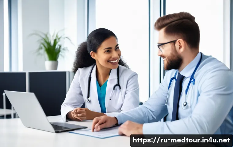 의료관광코디네이터 초보자의 1년 기록 - A professional medical coordinator in a modern office setting, communicating attentively with intern...