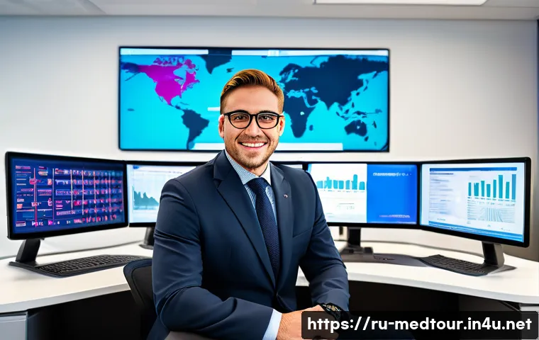 의료관광코디네이터의 포트폴리오 작성법 - A professional medical tourism coordinator sitting at a modern desk in a sleek office environment, s...