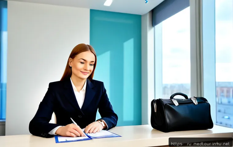 의료관광코디네이터 직무 만족도 분석 - Photorealistic medical tourism coordinator in a modern Moscow international clinic, a confident Russ...